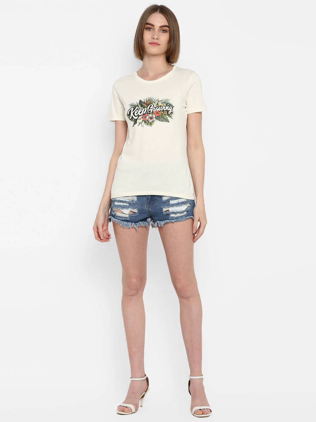 T-Shirt for Women in Off White | Cotton Round Neck Printed T Shirt - Image 2