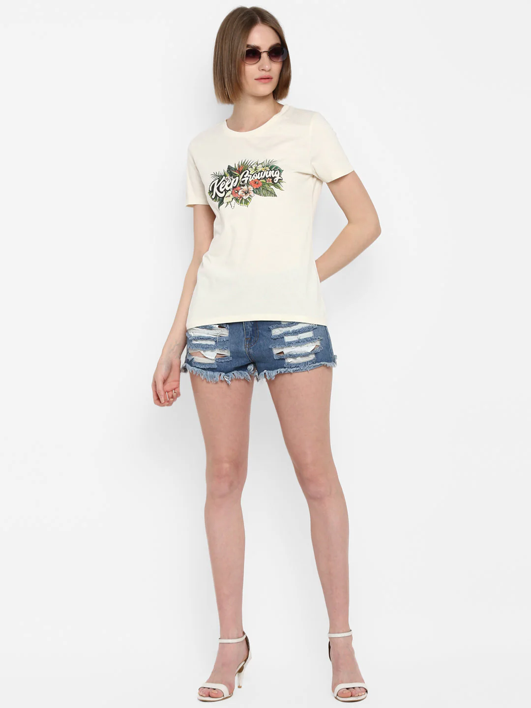 T-Shirt for Women in Off White | Cotton Round Neck Printed T Shirt - Image 3