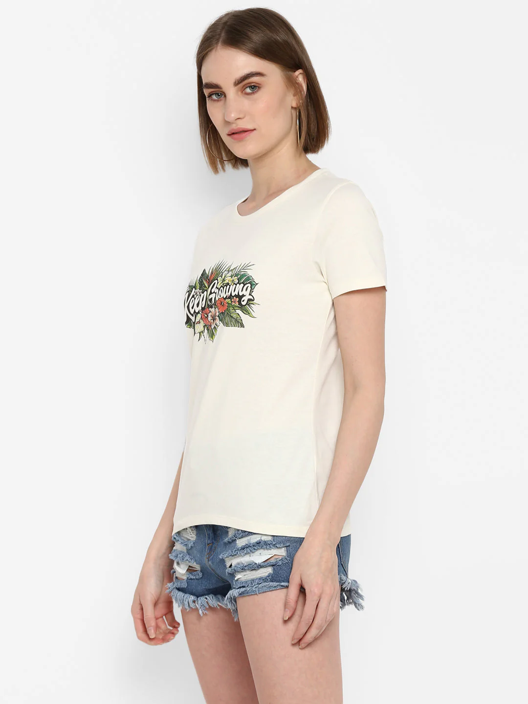 T-Shirt for Women in Off White | Cotton Round Neck Printed T Shirt - Image 5