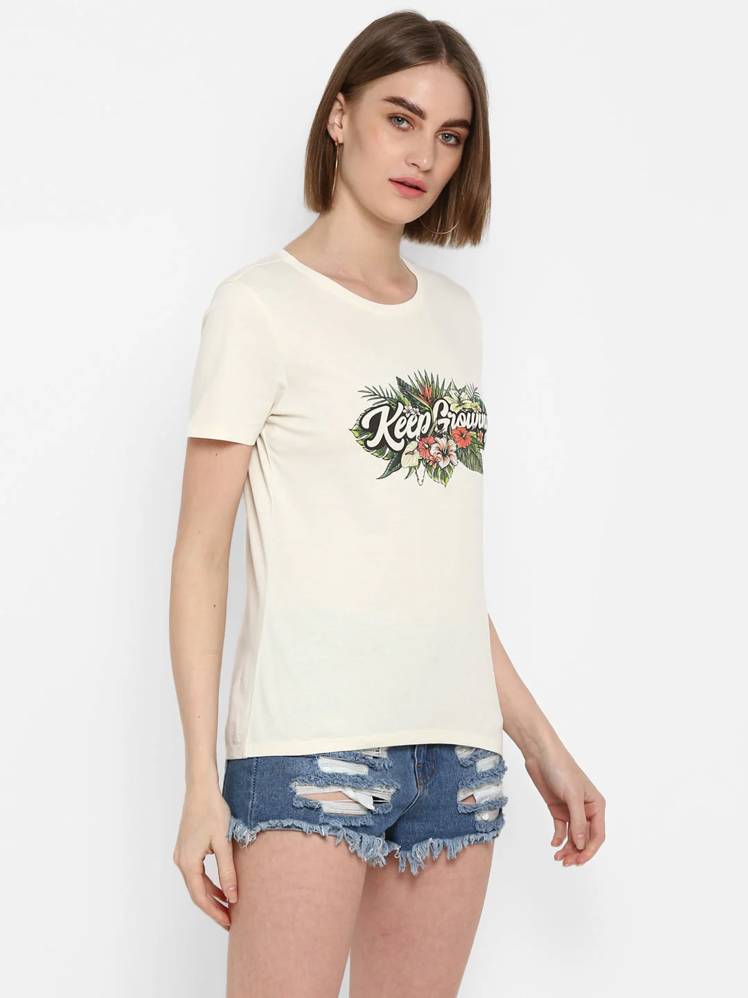 T-Shirt for Women in Off White | Cotton Round Neck Printed T Shirt - Image 6