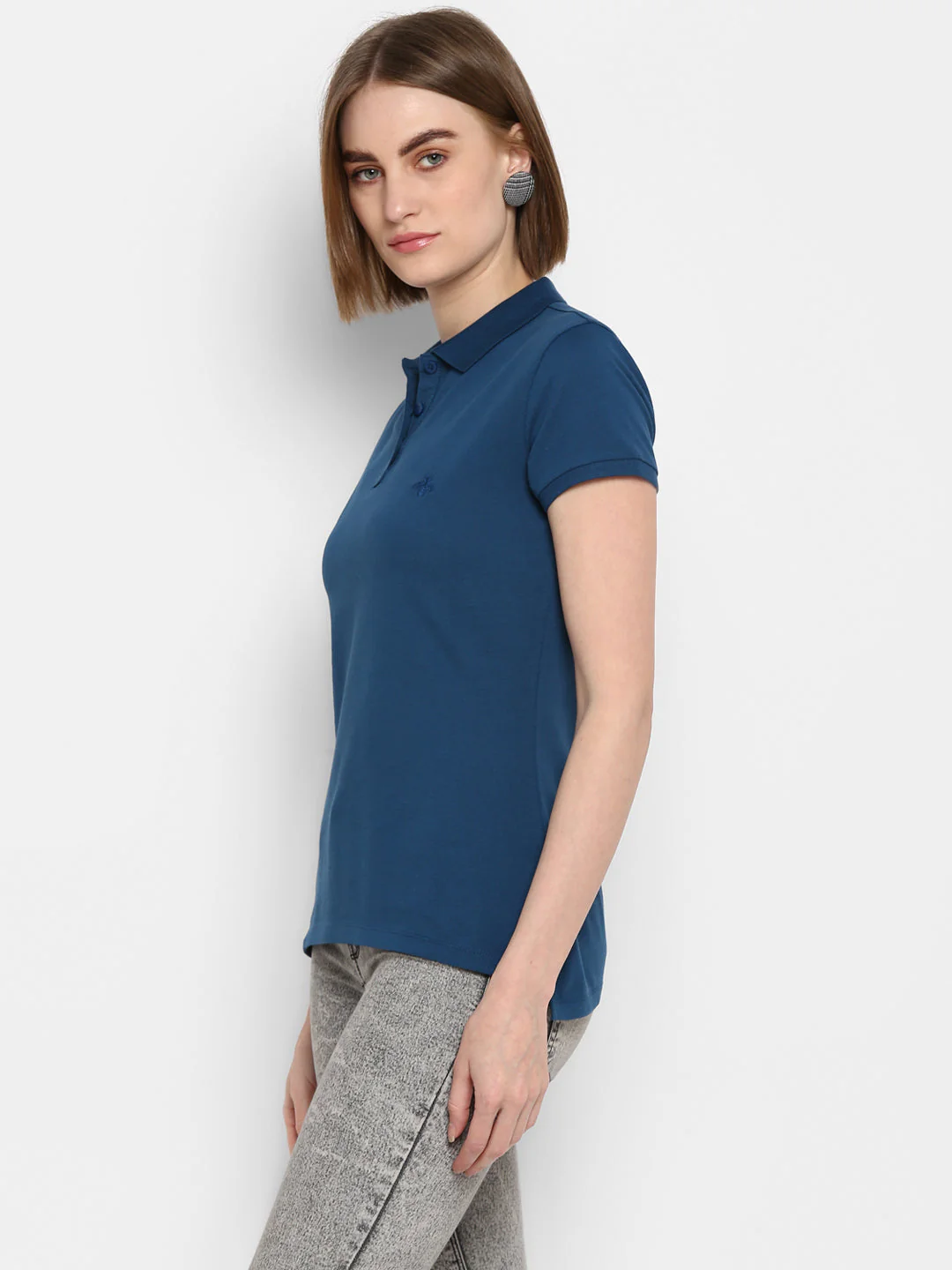T-Shirt for Women in Teal | Cotton Polo Neck T Shirt - Image 4