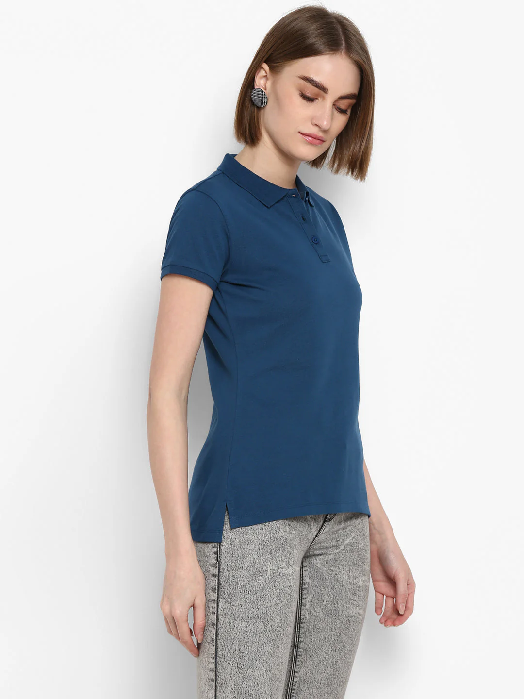T-Shirt for Women in Teal | Cotton Polo Neck T Shirt - Image 5