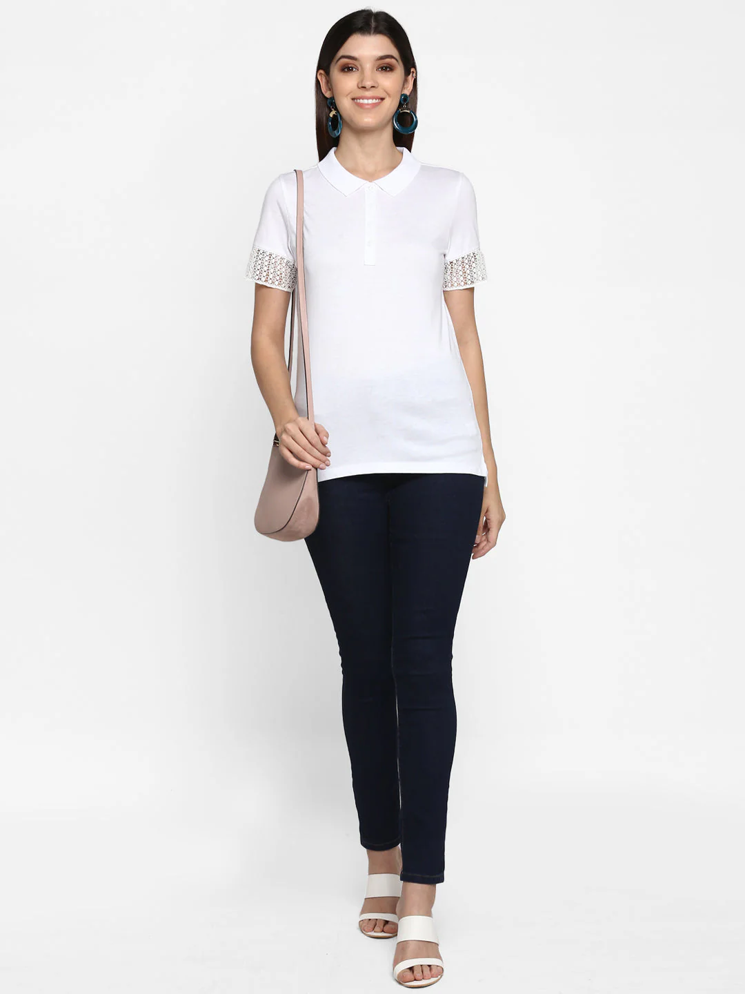 T-Shirt for Women in White | Cotton Modal Polo T Shirt - Image 2