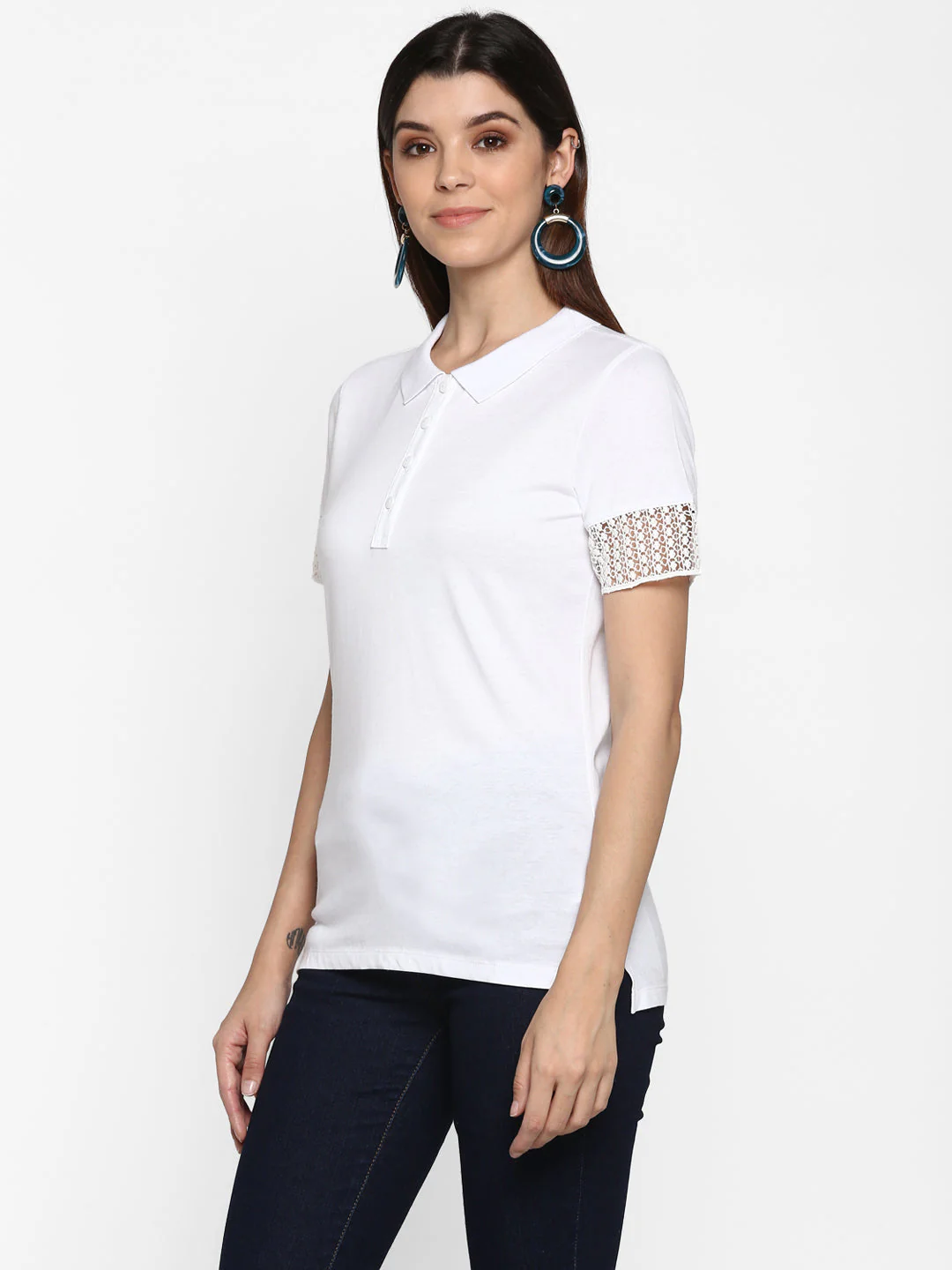 T-Shirt for Women in White | Cotton Modal Polo T Shirt - Image 4