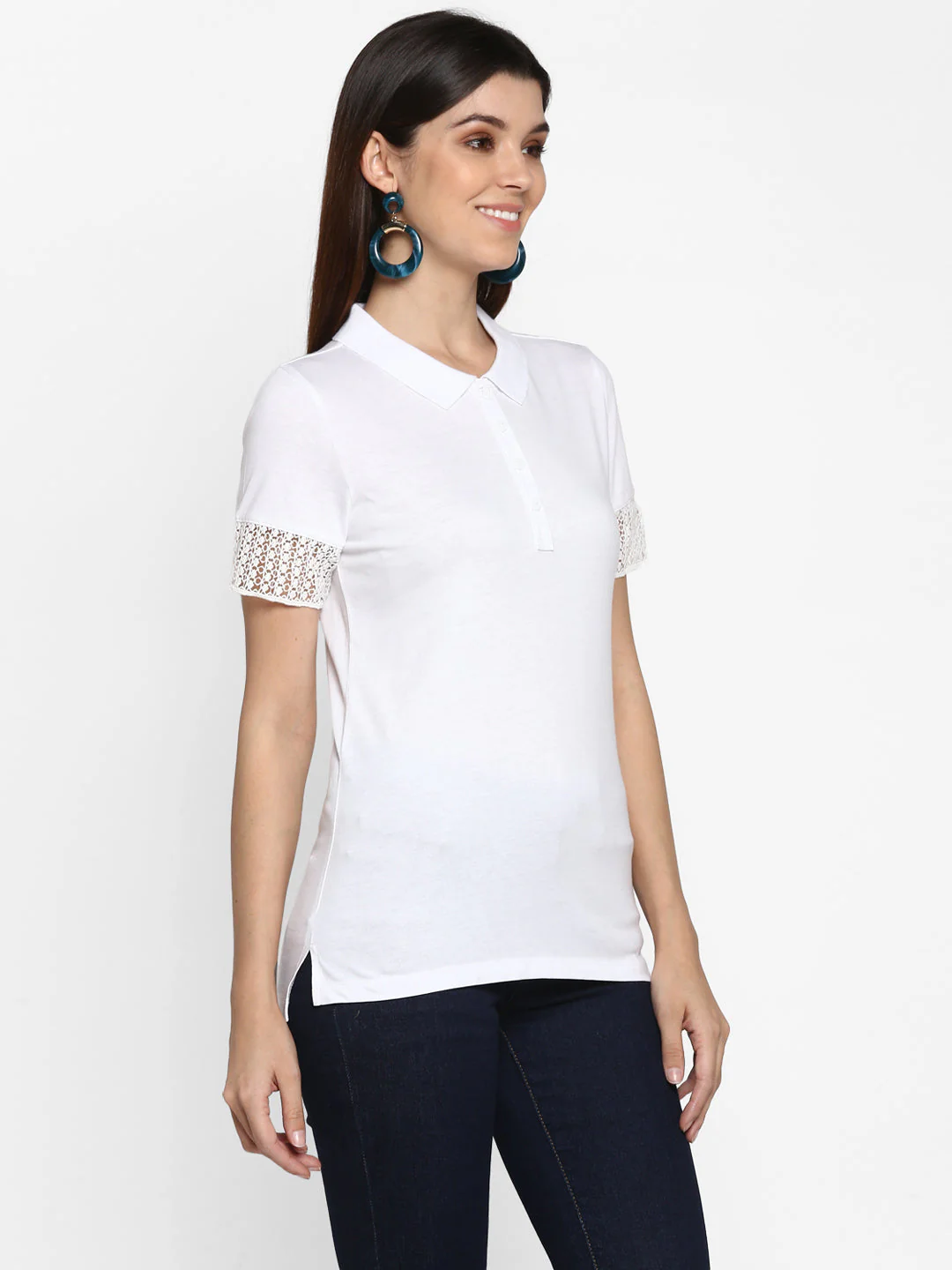 T-Shirt for Women in White | Cotton Modal Polo T Shirt - Image 5