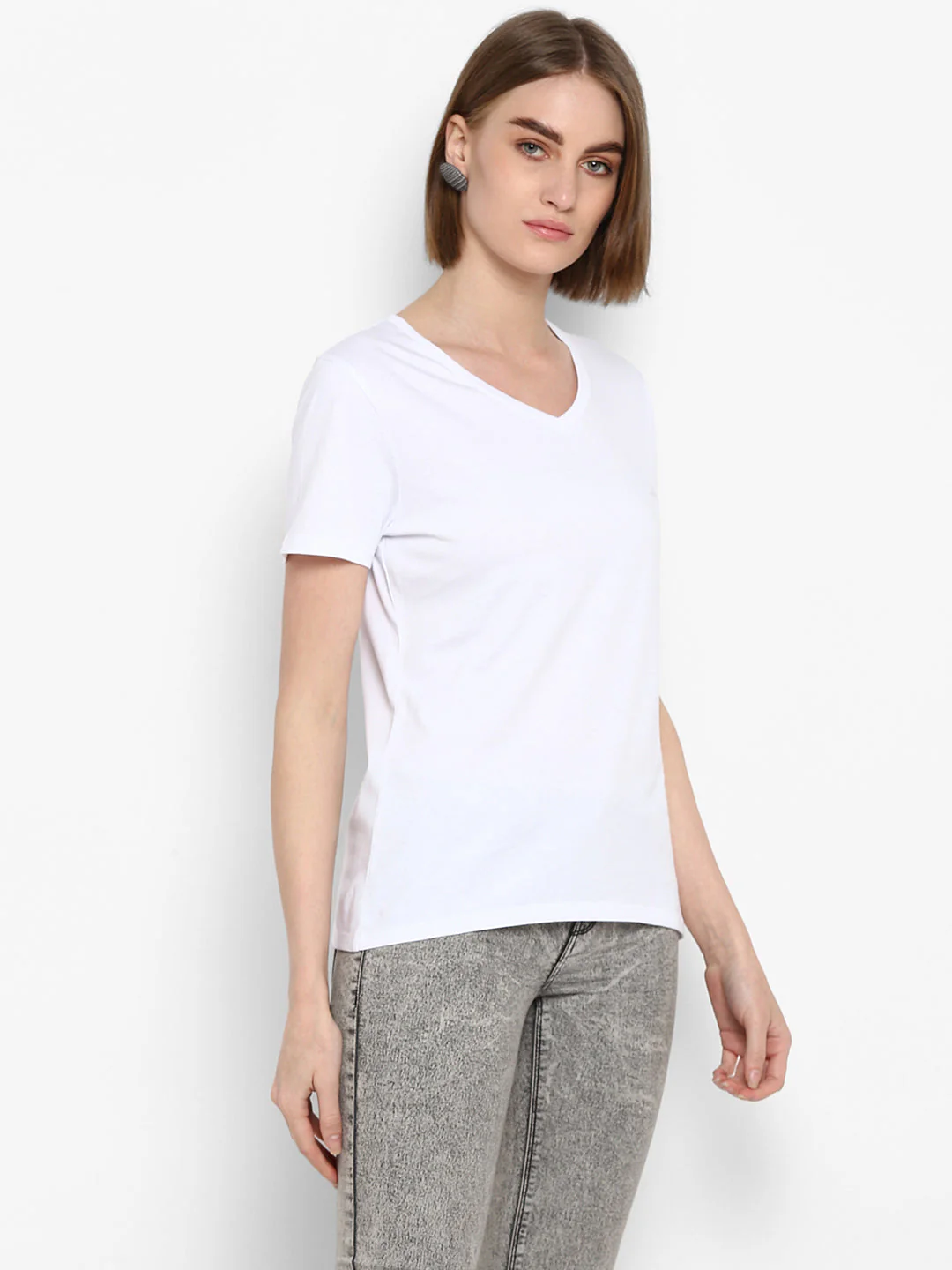 T-Shirt for Women in White | Cotton V Neck Half Sleeve T Shirt - Image 5