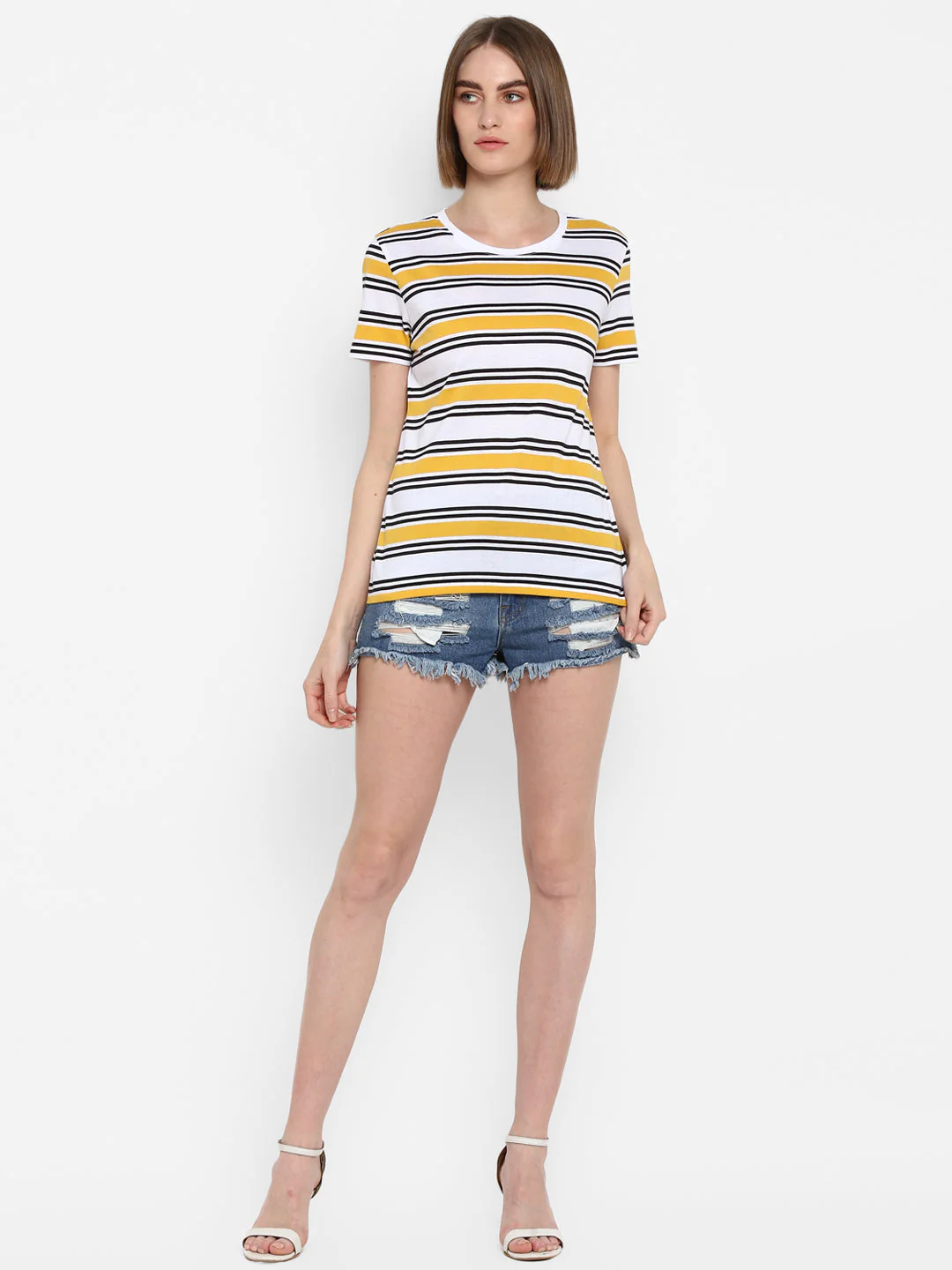 T-Shirt for Women in Yellow | Cotton Round Neck Striped T Shirt - Image 2