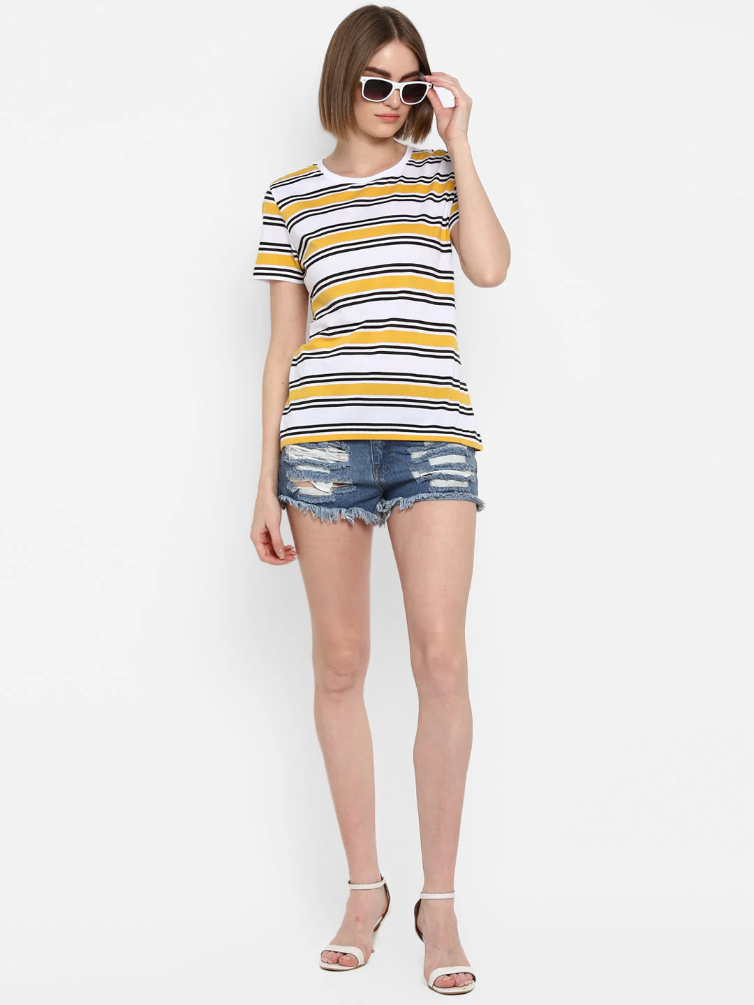 T-Shirt for Women in Yellow | Cotton Round Neck Striped T Shirt - Image 3