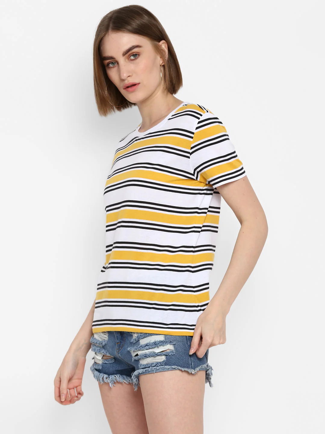 T-Shirt for Women in Yellow | Cotton Round Neck Striped T Shirt - Image 5