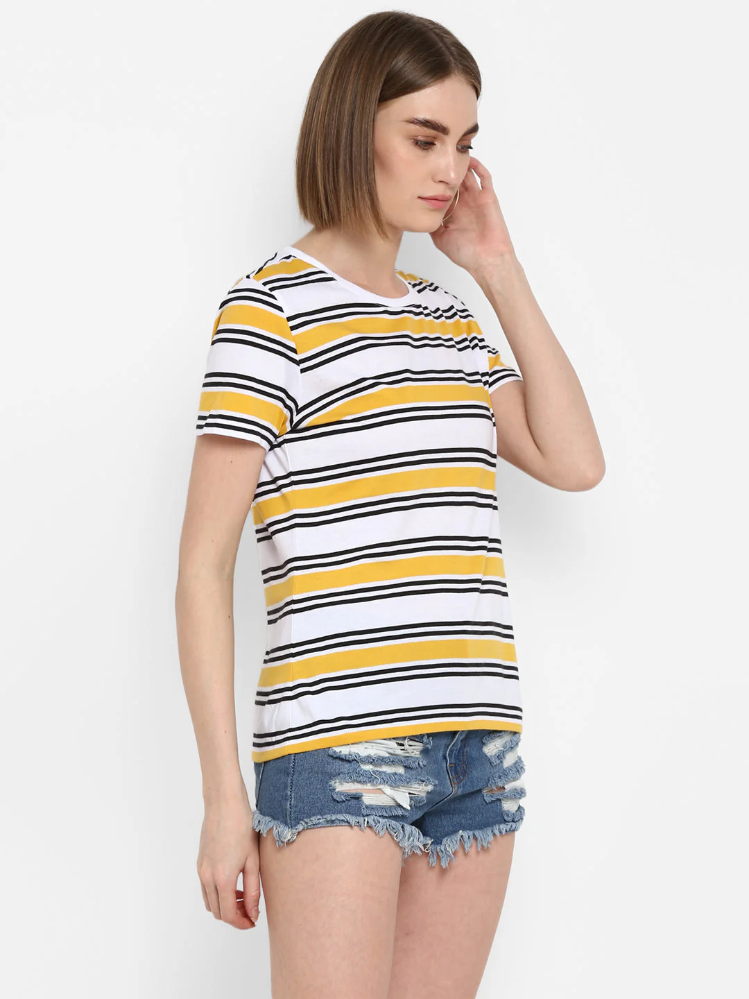 T-Shirt for Women in Yellow | Cotton Round Neck Striped T Shirt - Image 6
