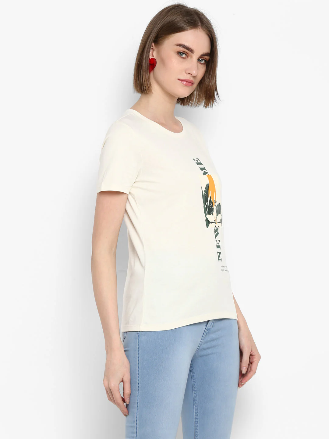 T-Shirt for Women in Off White | Cotton Round Neck Printed T Shirt - Image 5