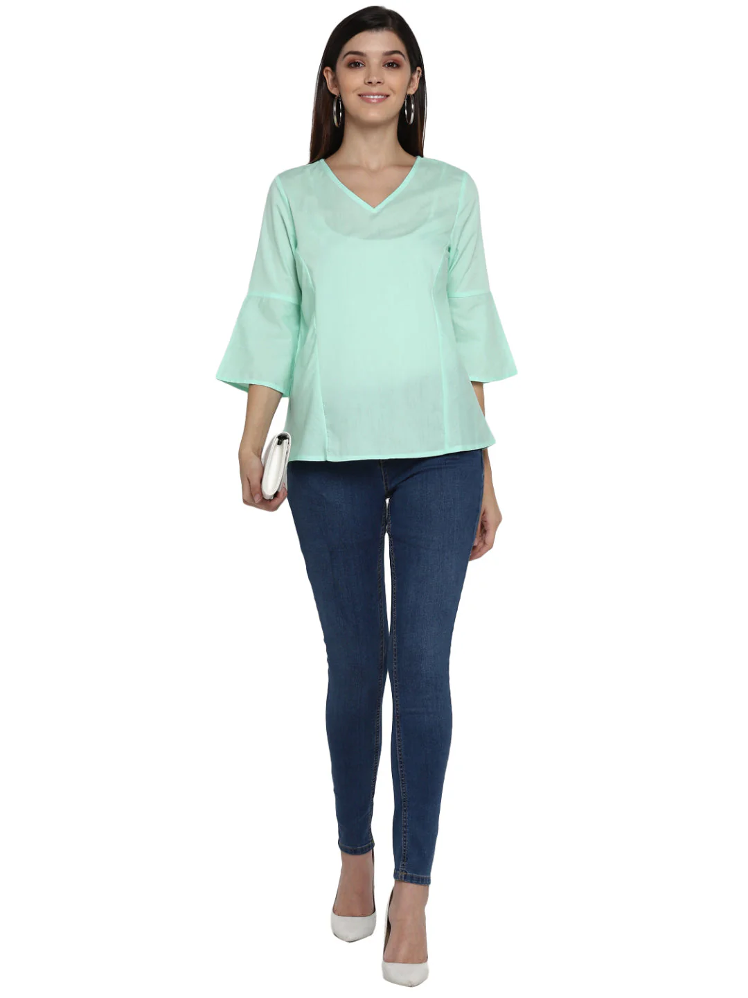 Tops for Women in Mint Green | Casual V Neck Top - Image 2