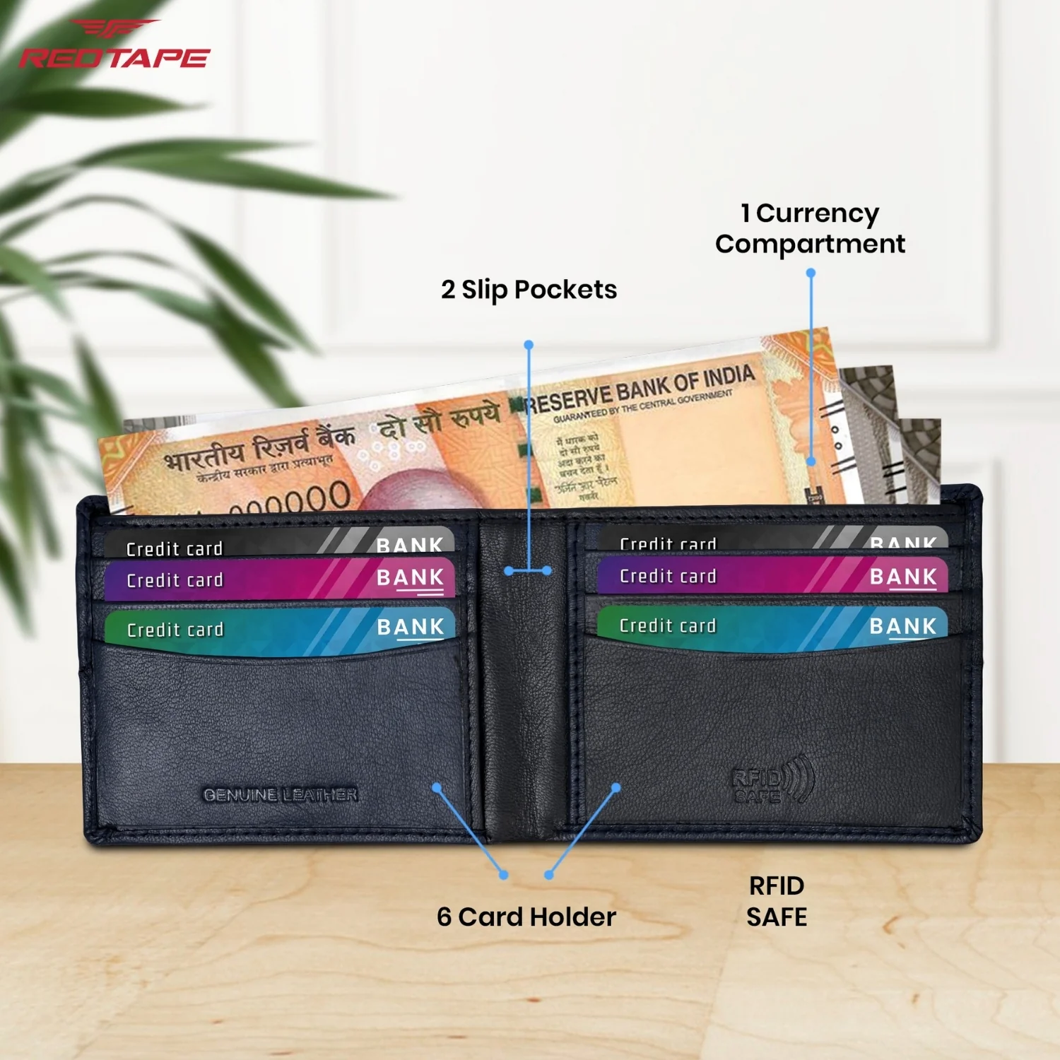 Navy Mens Bifold Leather Wallet with RFID Blocking - Image 5