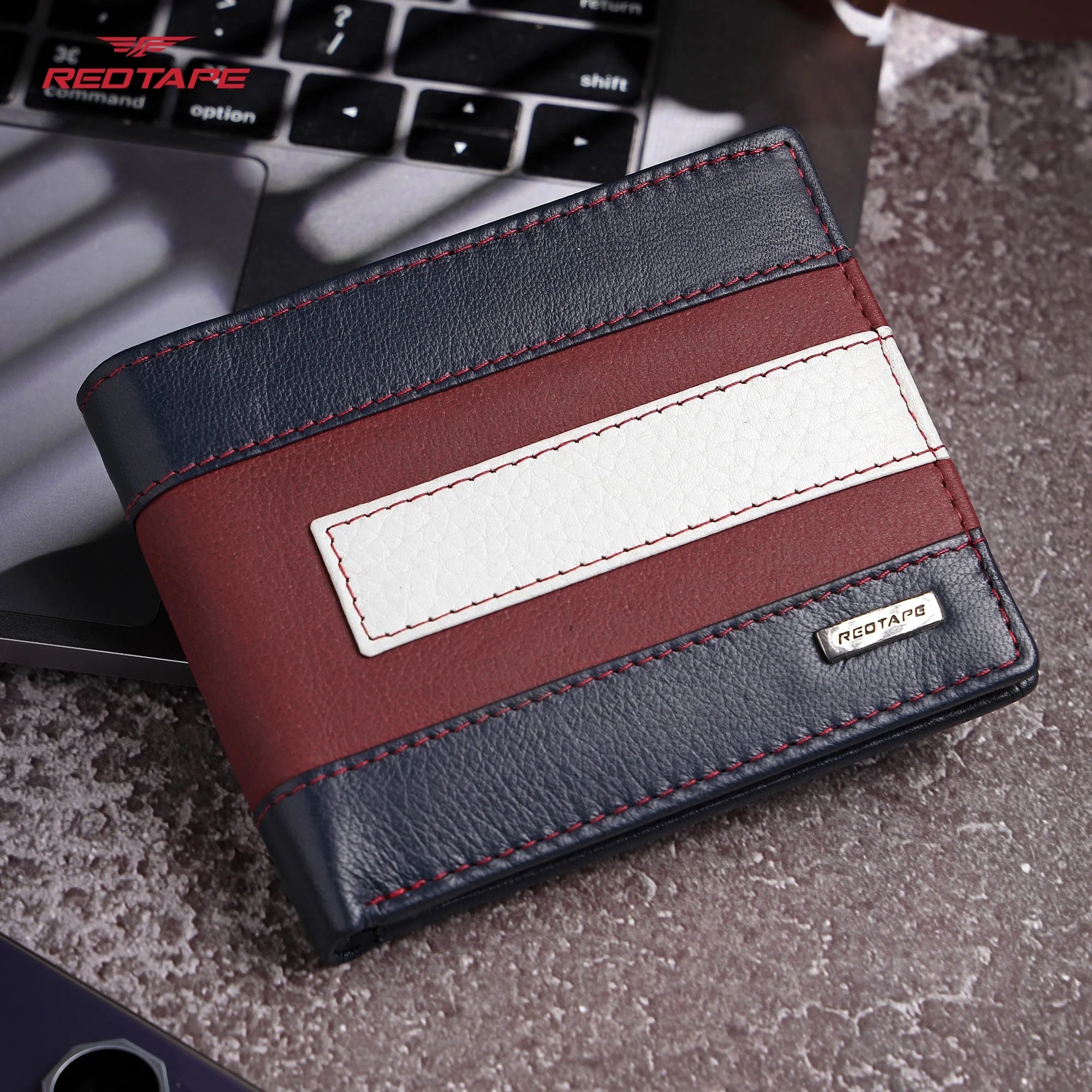 Navy Red & White Genuine Leather RFID Wallet for Men - Image 3