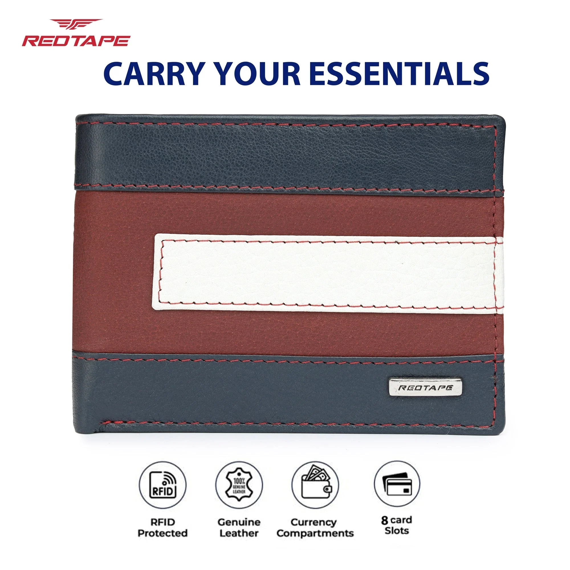 Navy Red & White Genuine Leather RFID Wallet for Men - Image 4