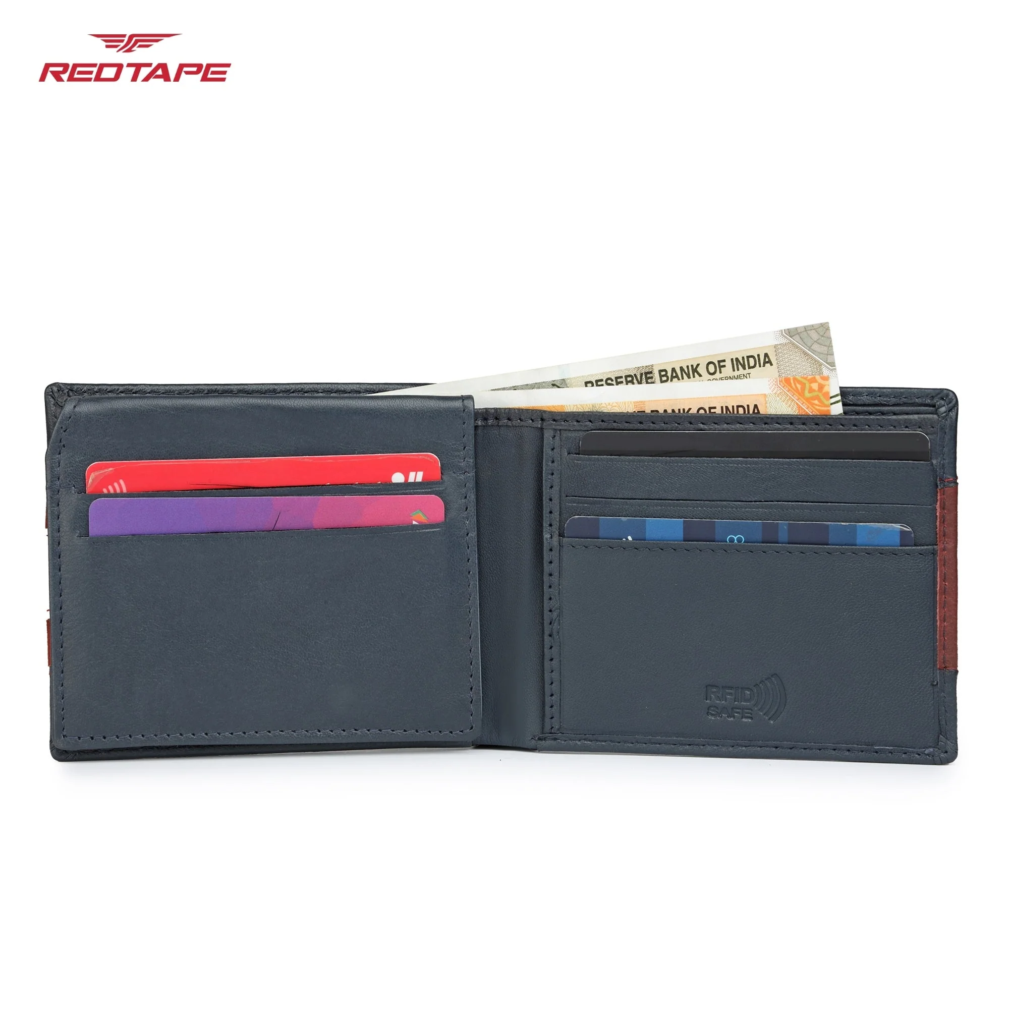 Navy Red & White Genuine Leather RFID Wallet for Men - Image 6