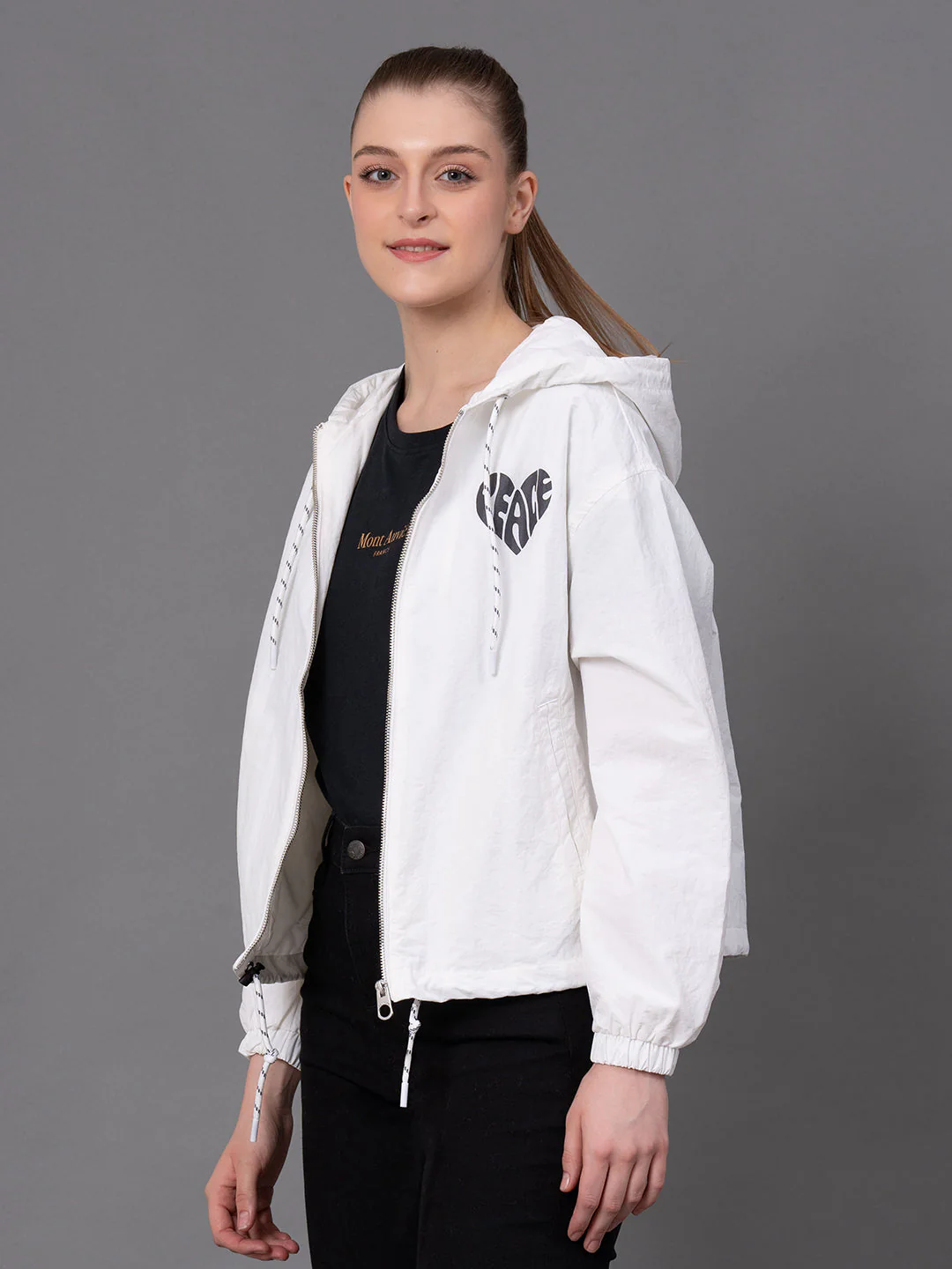 Off White Nylon Graphic Print Women's Windcheater Jacket - Image 2