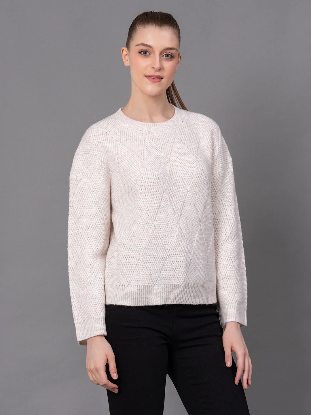 Off White Poly Acrylic Self Design Women's Sweater - Image 2