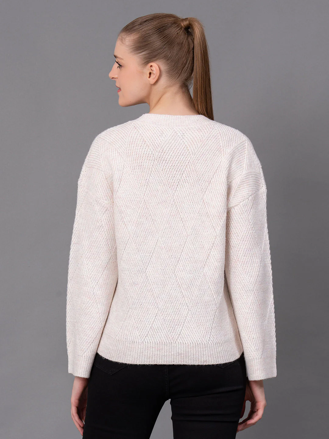 Off White Poly Acrylic Self Design Women's Sweater - Image 3