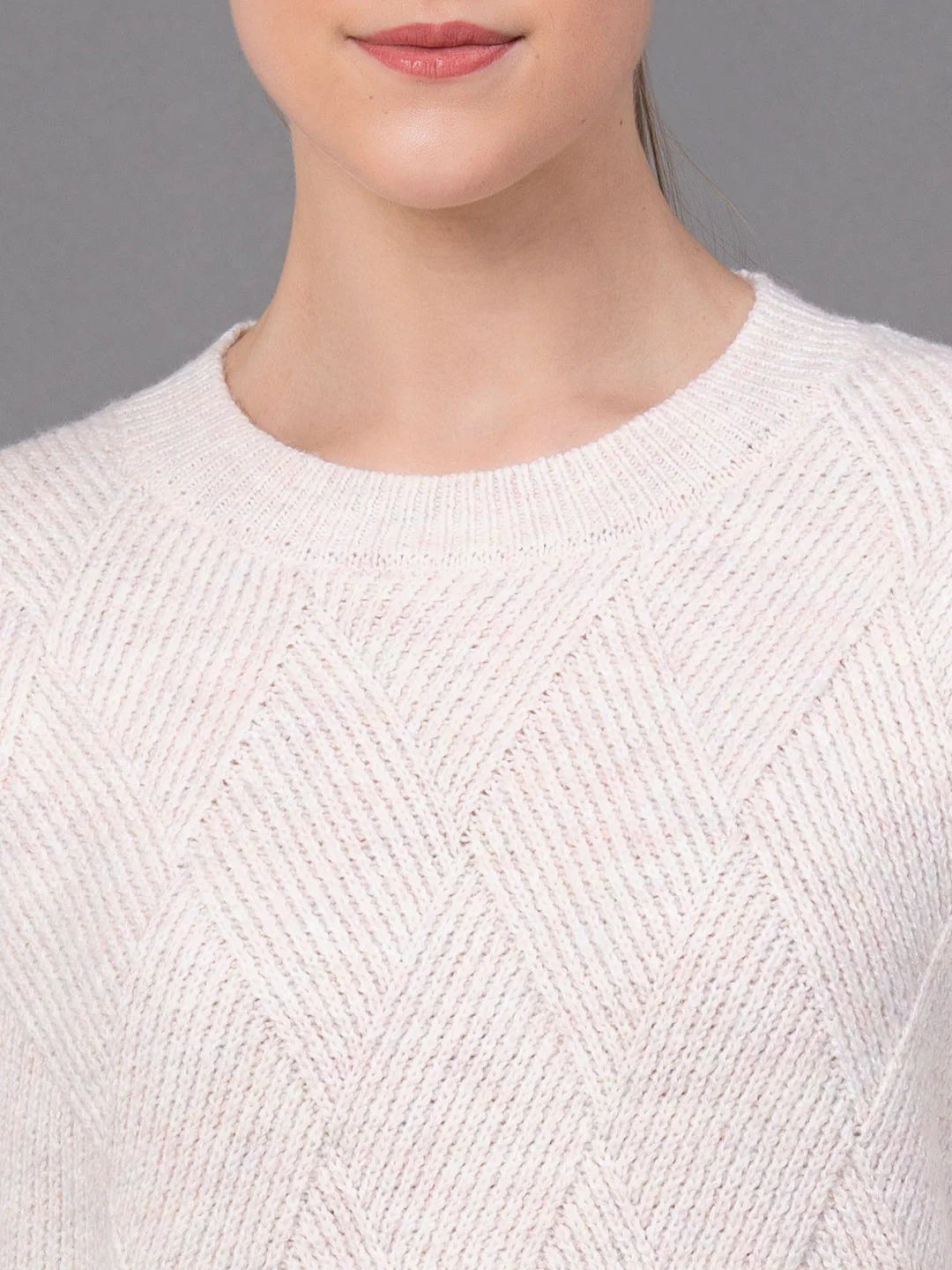 Off White Poly Acrylic Self Design Women's Sweater - Image 4
