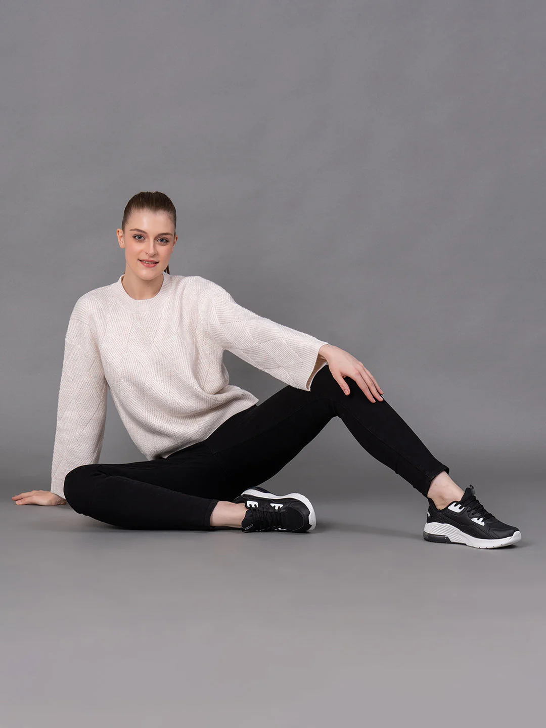 Off White Poly Acrylic Self Design Women's Sweater - Image 5