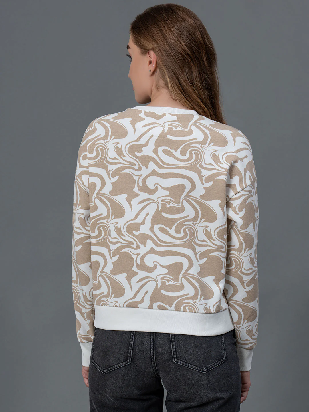 Off White Printed Cotton Poly Fleece Women's Sweatshirt - Image 3