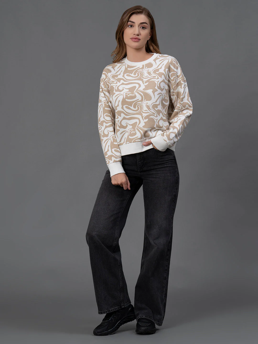 Off White Printed Cotton Poly Fleece Women's Sweatshirt - Image 5