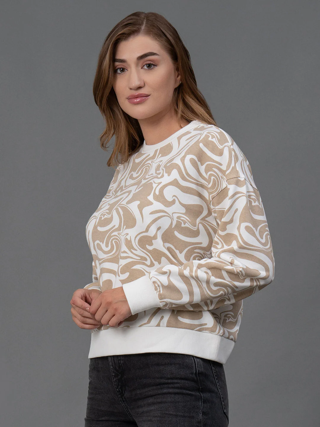 Off White Printed Cotton Poly Fleece Women's Sweatshirt - Image 6