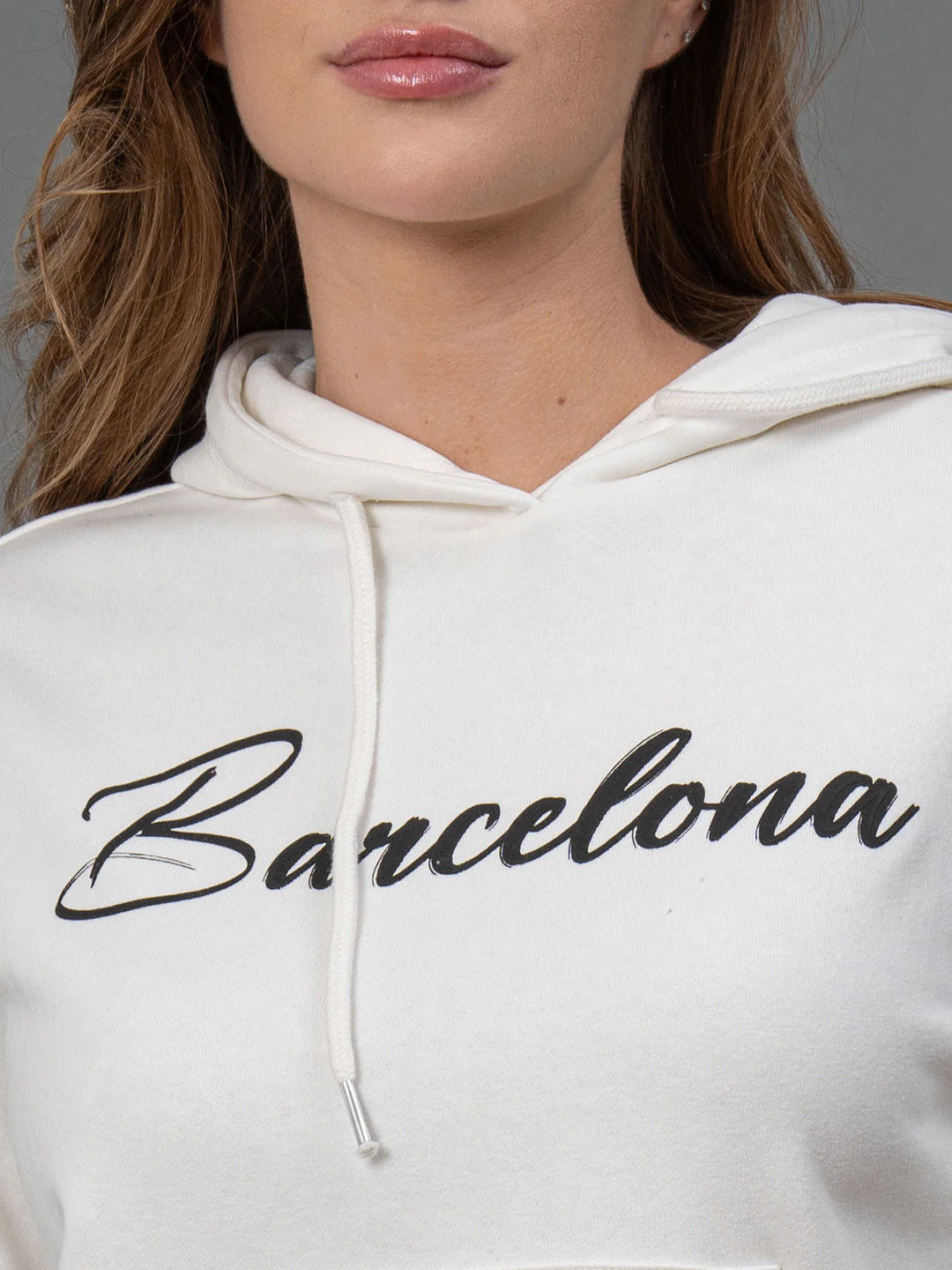 Off White Printed Cotton Poly Fleece Women's Hoodie - Image 4