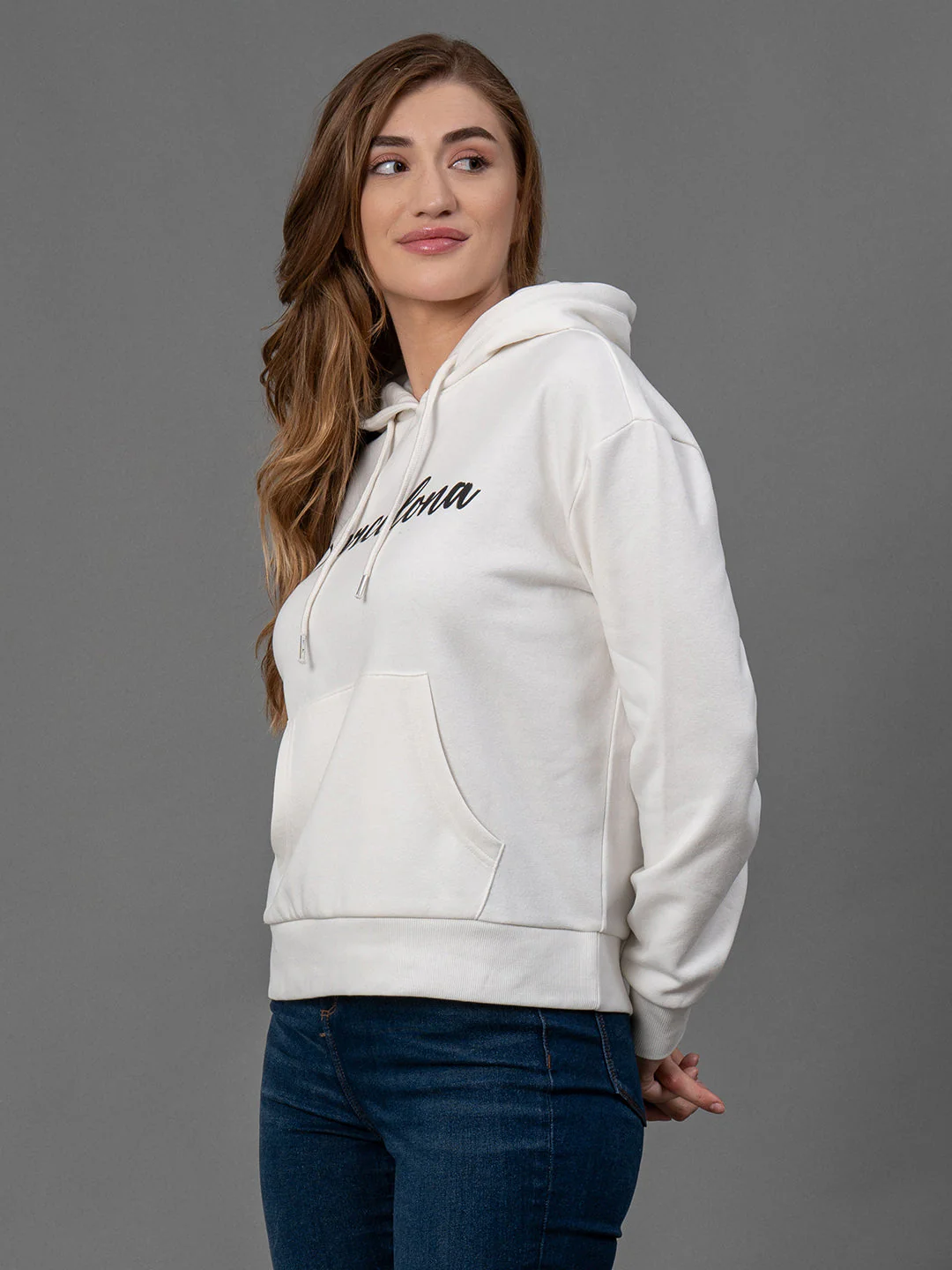 Off White Printed Cotton Poly Fleece Women's Hoodie - Image 6