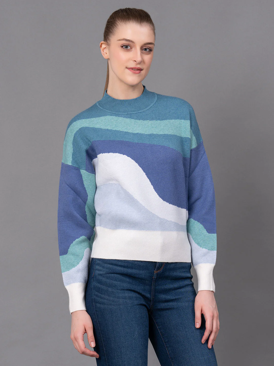 Old Blue Poly Viscose Nylon Marble Print Women's Sweater - Image 2