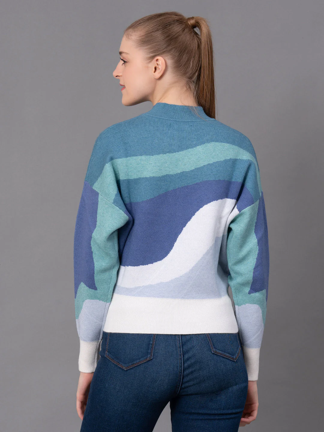 Old Blue Poly Viscose Nylon Marble Print Women's Sweater - Image 3