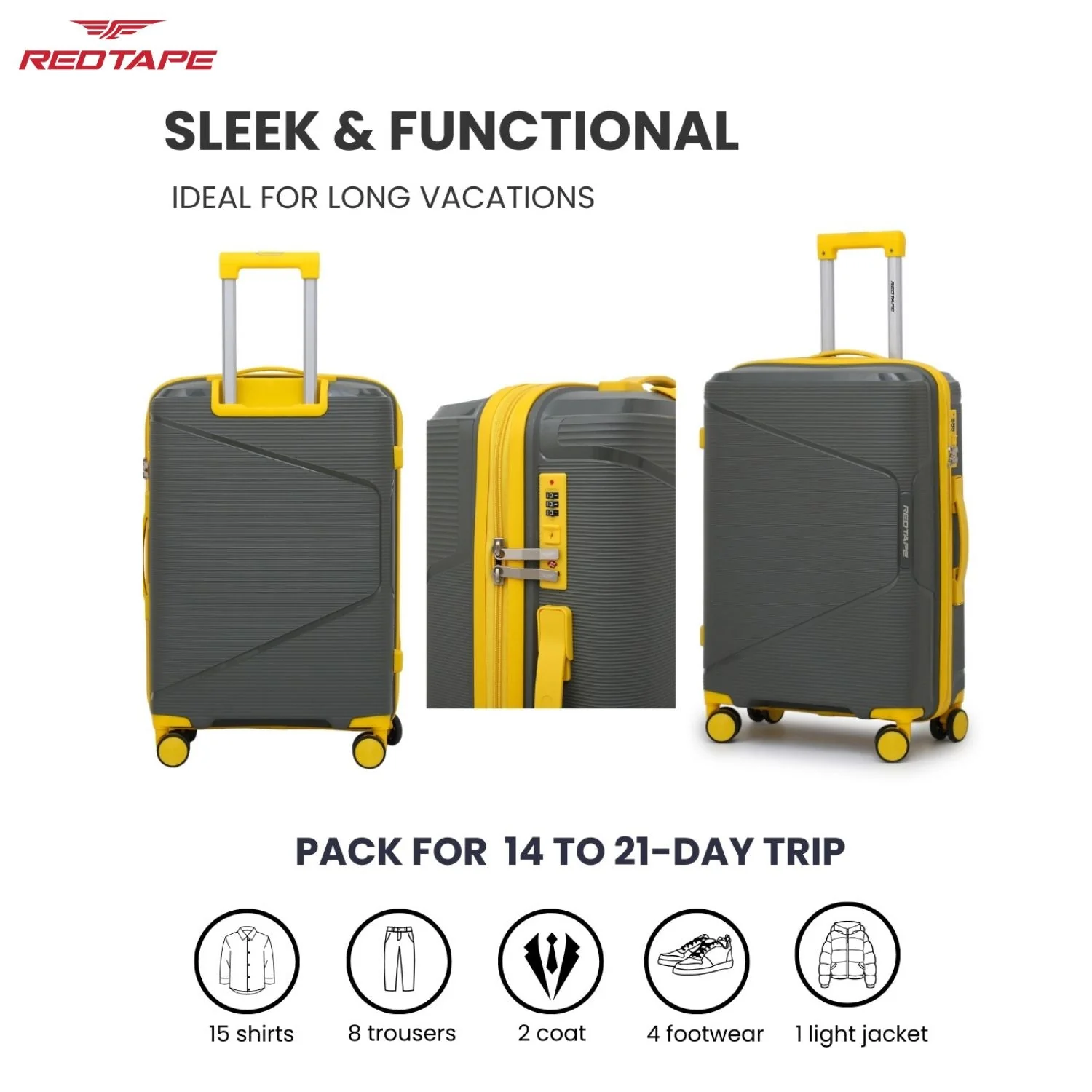 Olive & Yellow 8 Wheels Trolley Bag Set of 3 (Large + Medium + Cabin) - Image 6