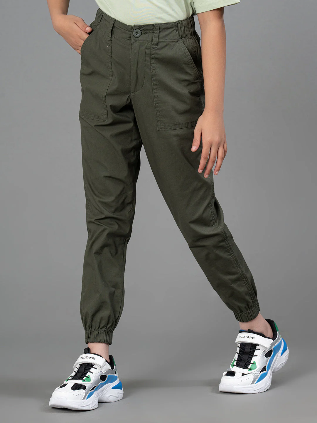 Olive Cotton Spandex Solid Girl's Jogger - Image 2