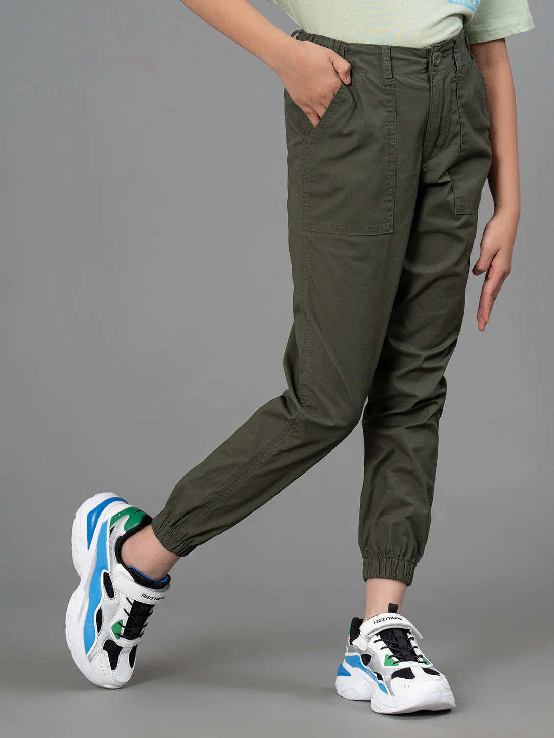 Olive Cotton Spandex Solid Girl's Jogger - Image 6