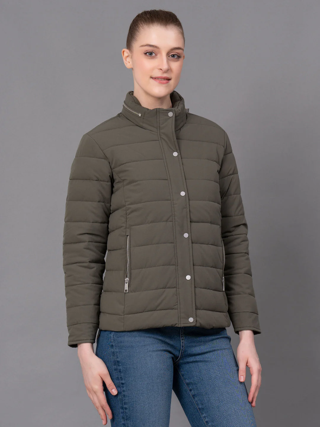 Olive Polyester Solid Women's Padded Jacket - Image 2