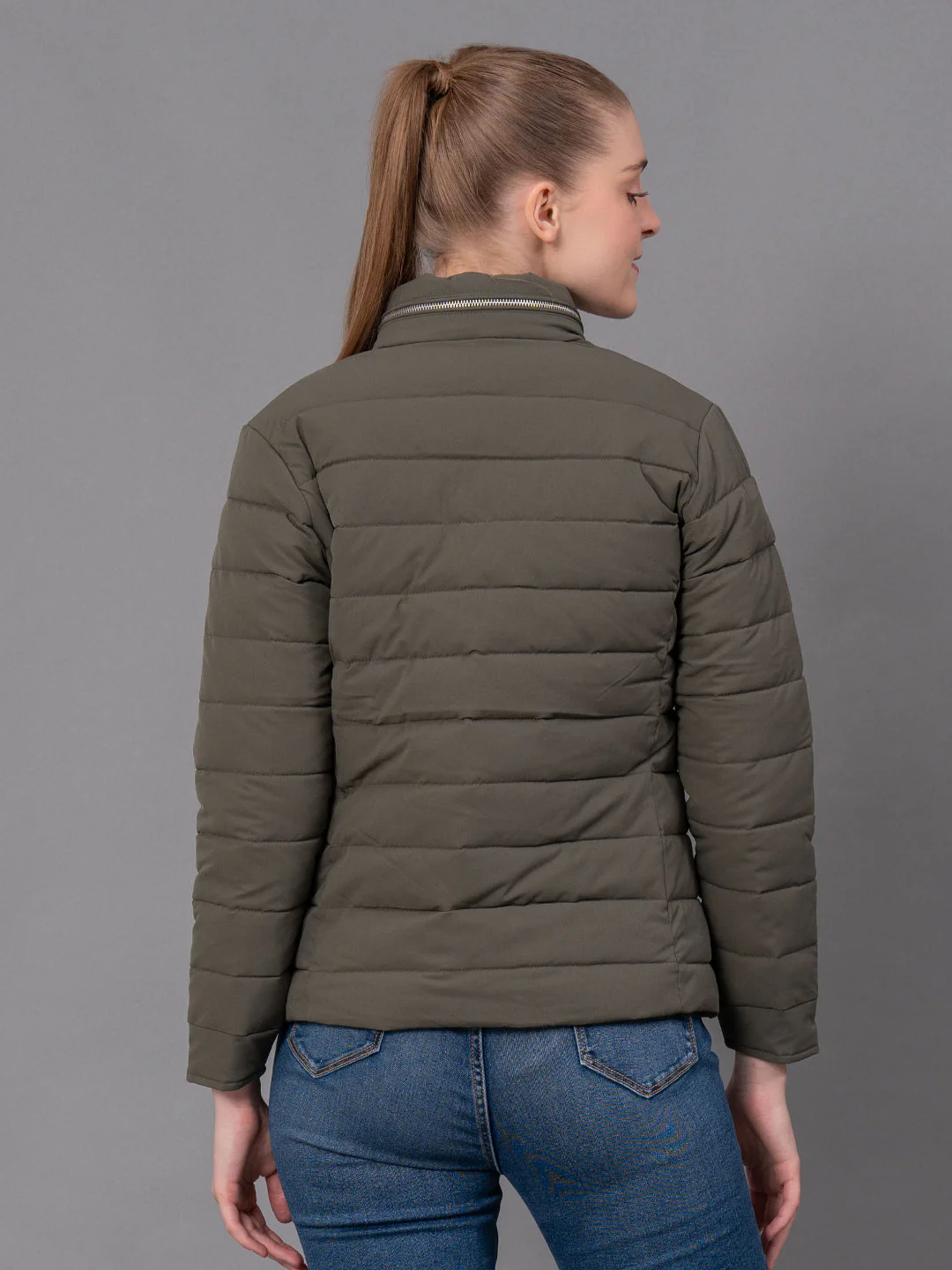 Olive Polyester Solid Women's Padded Jacket - Image 3