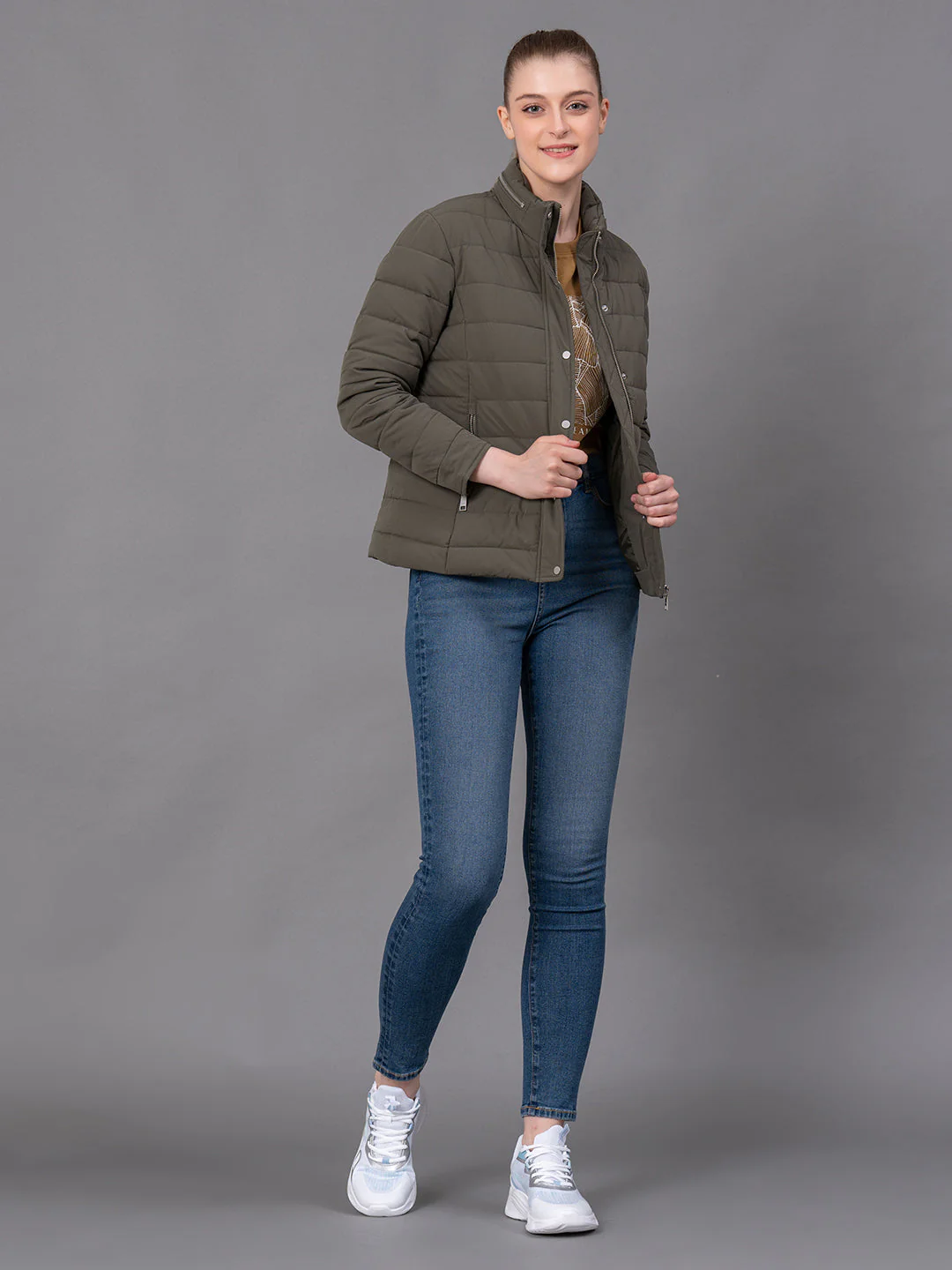 Olive Polyester Solid Women's Padded Jacket - Image 5