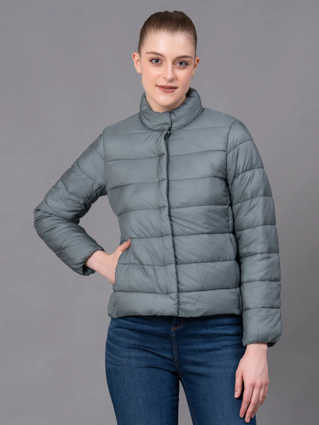 Pale Green Nylon Solid Women's Padded Jacket - Image 2