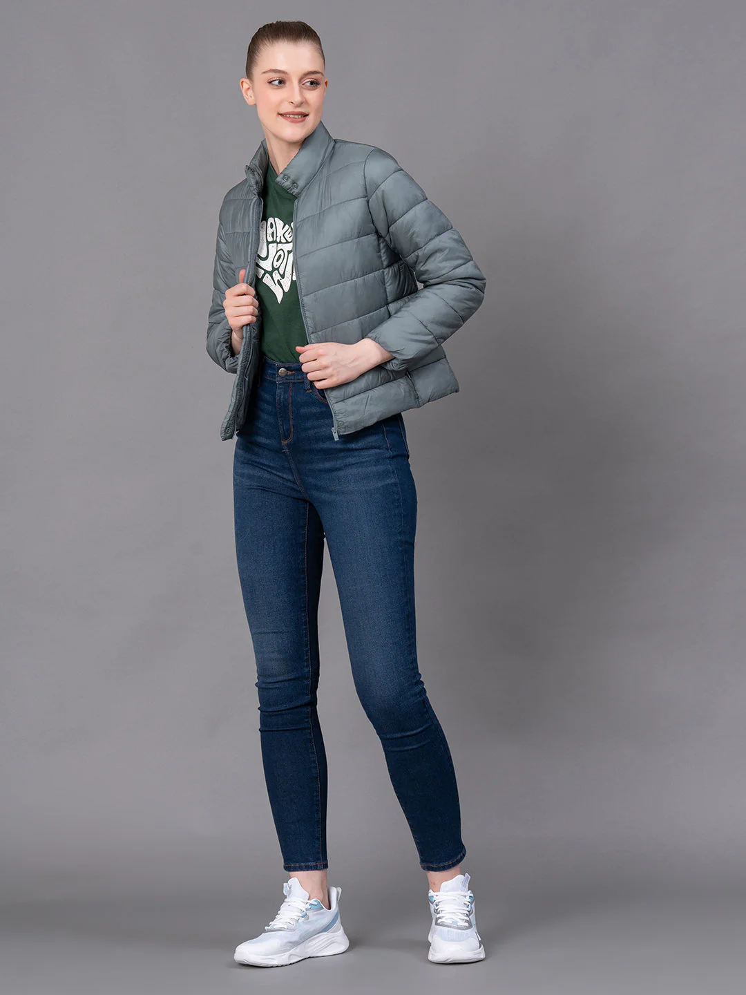 Pale Green Nylon Solid Women's Padded Jacket - Image 5