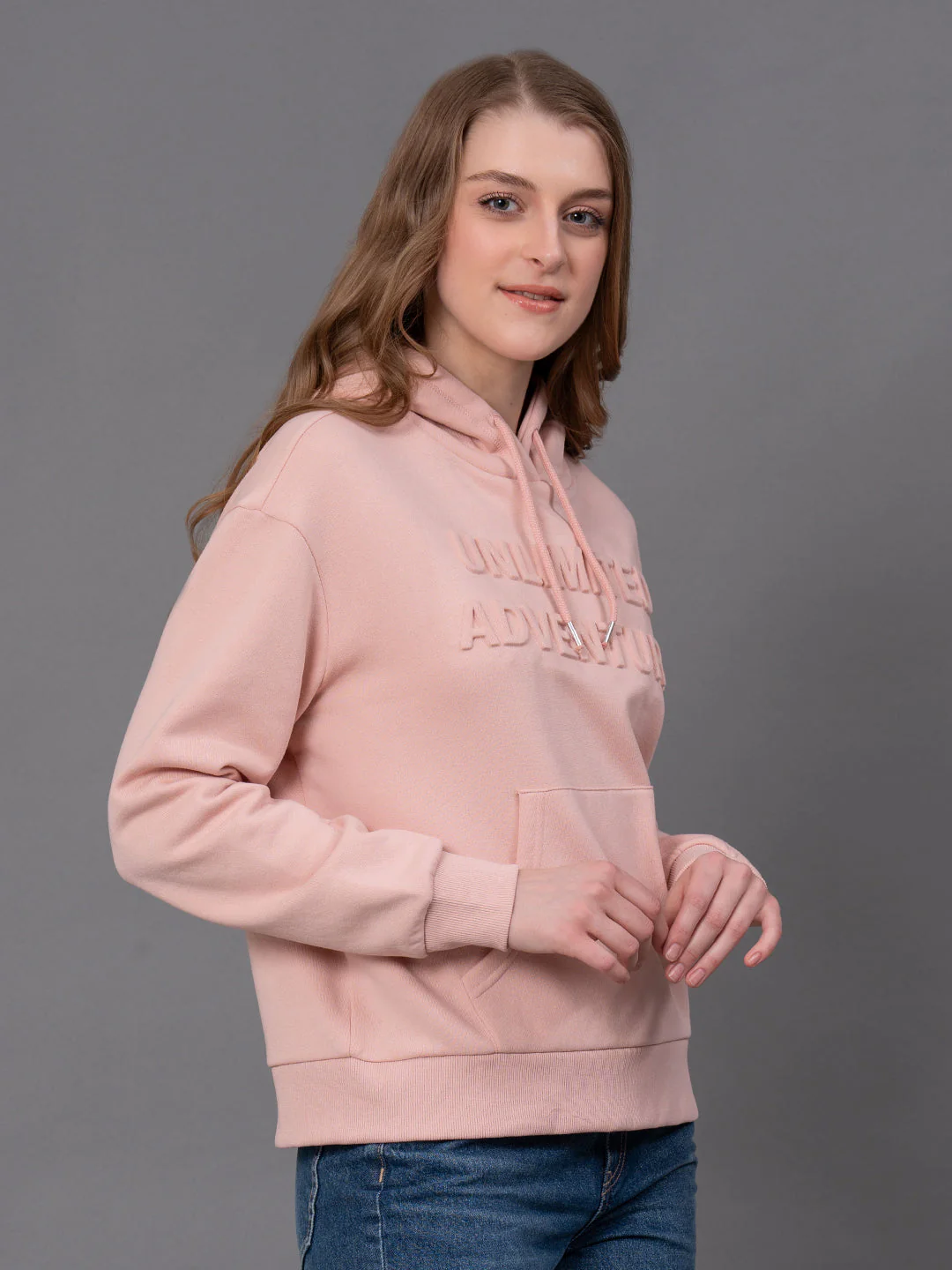Pale Pink Cotton Poly Fleece Embossed Women's Hoodie - Image 2