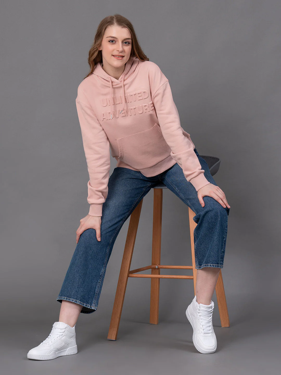 Pale Pink Cotton Poly Fleece Embossed Women's Hoodie - Image 5