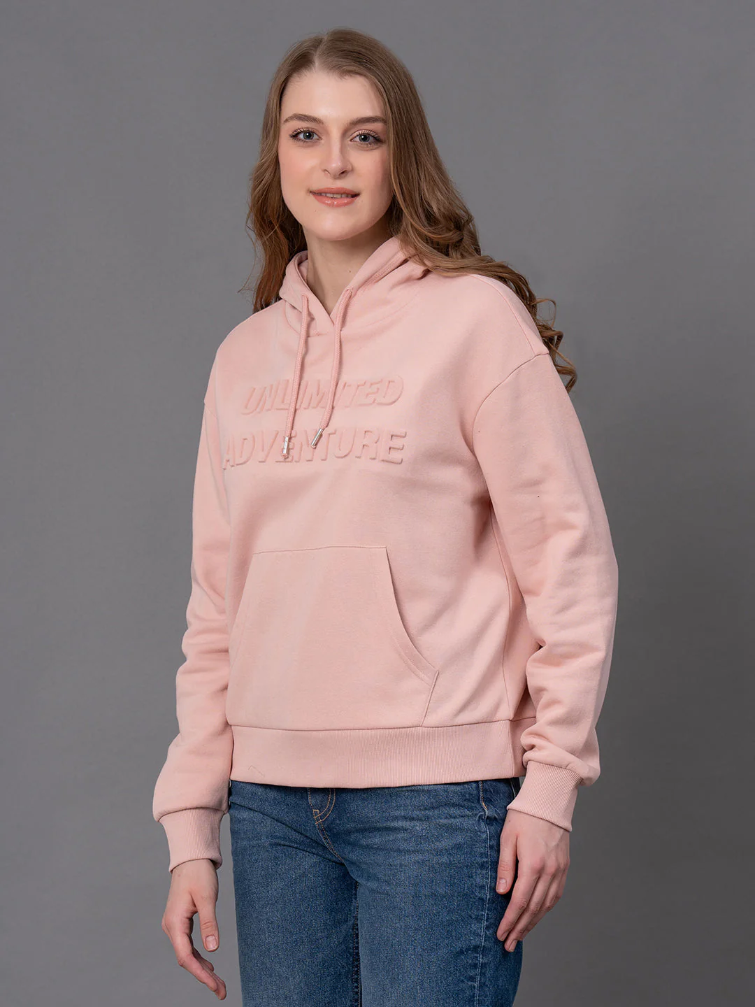 Pale Pink Cotton Poly Fleece Embossed Women's Hoodie - Image 6