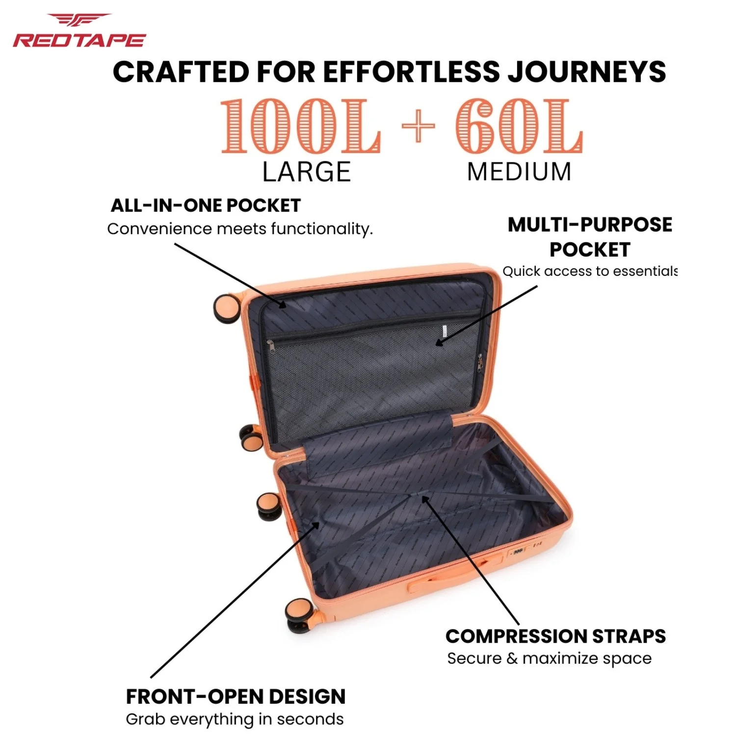 Peach 8 Wheels Trolley Bag Set of 2 (Large + Medium) - Image 3