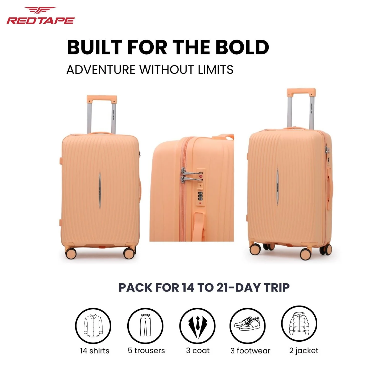 Peach 8 Wheels Trolley Bag Set of 3 (Large + Medium + Cabin) - Image 6