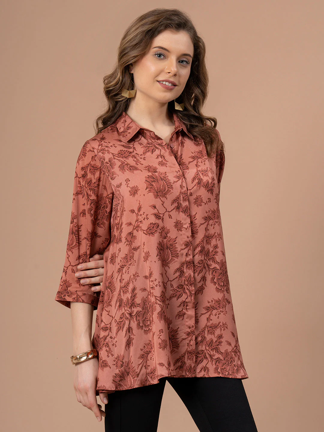 Peach Printed Polyester Women's Blouse Top - Image 2