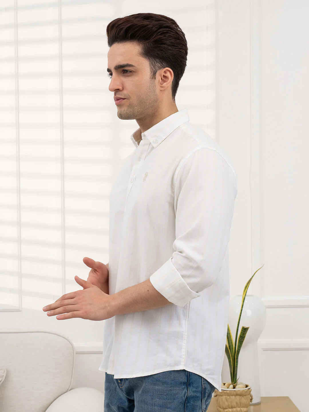 Beige Dobby Striped Shirt Men | Everyday Casual Wear - Image 3