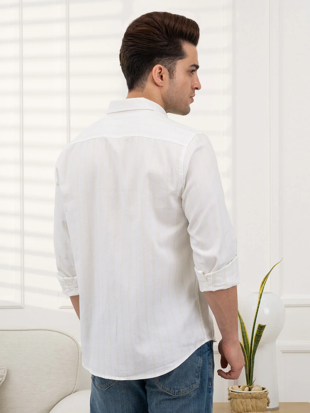 Beige Dobby Striped Shirt Men | Everyday Casual Wear - Image 4