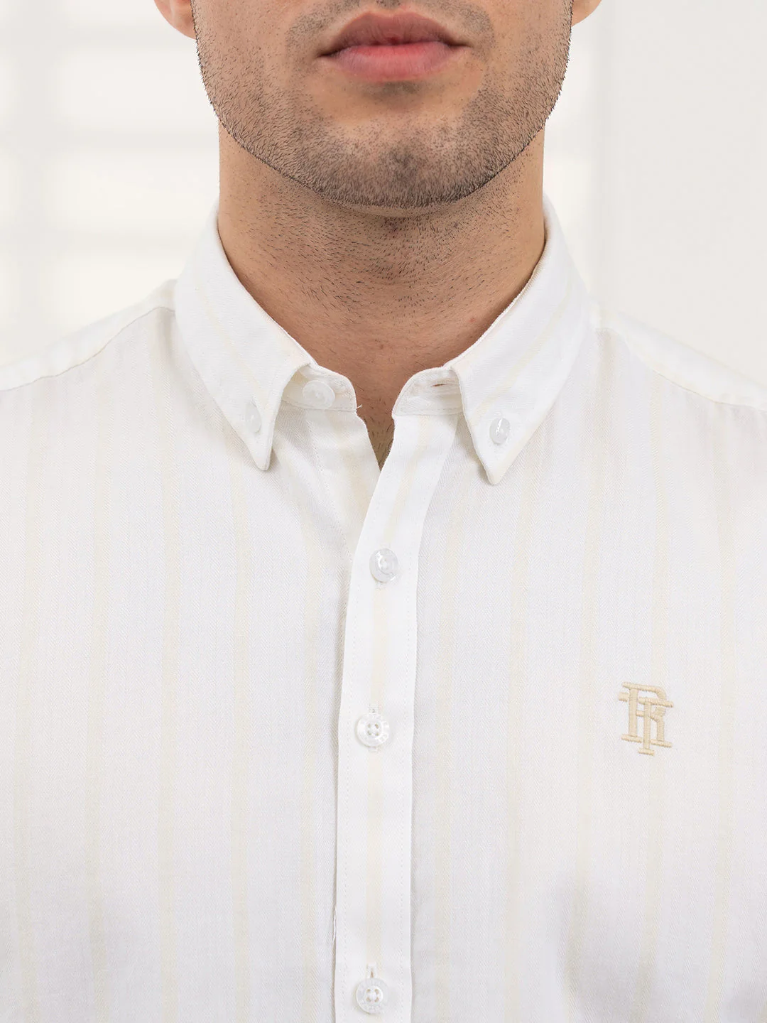 Beige Dobby Striped Shirt Men | Everyday Casual Wear - Image 5