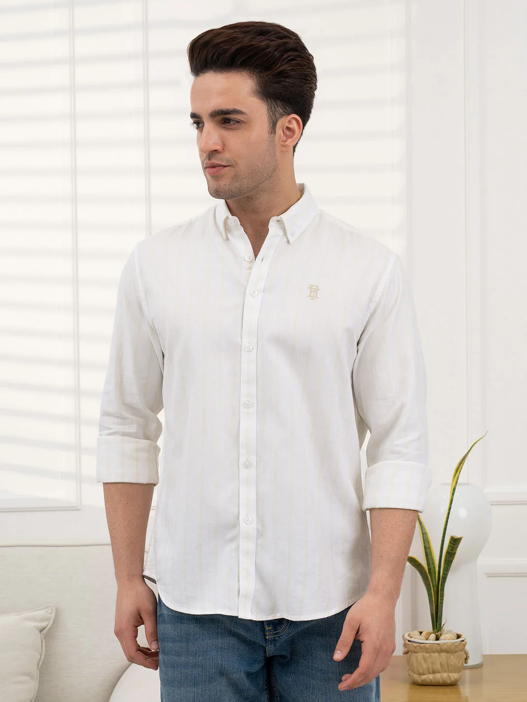 Beige Dobby Striped Shirt Men | Everyday Casual Wear - Image 6